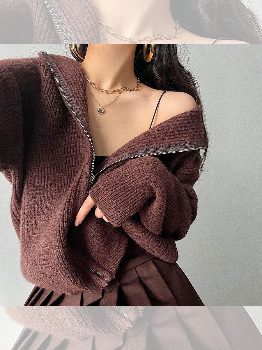 YoungGirlDay Phong cách đường phố châu Âu và Mỹ áo khoác len dệt kim có mũ trùm đầu dài tay có khóa kéo dáng rộng, áo khoác len thông thường