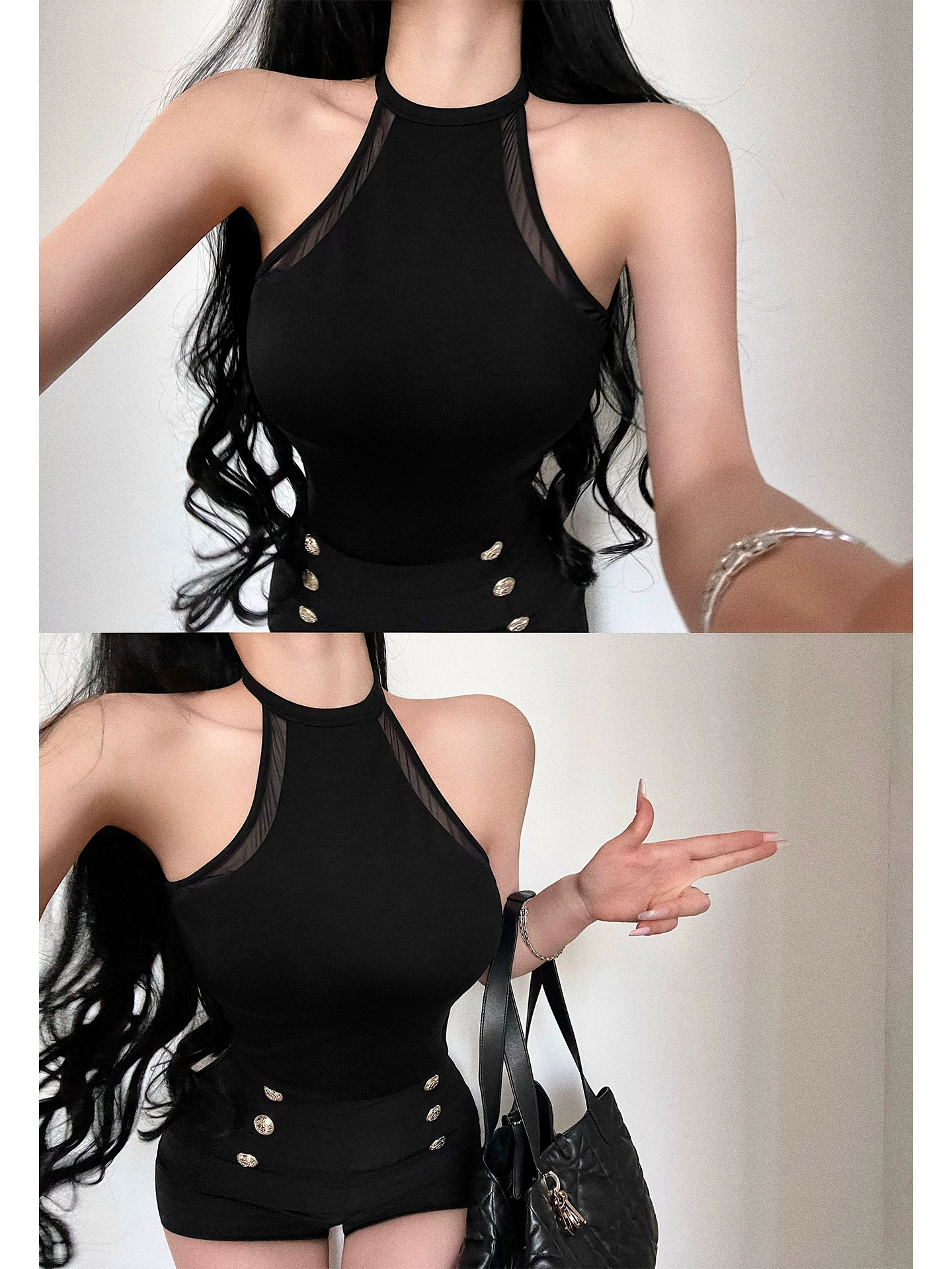 Áo hai dây ôm sát gợi cảm YoungGirlDay, thiết kế lưng trần, có mút ngực tích hợp và phối lưới, kiểu cổ halter.