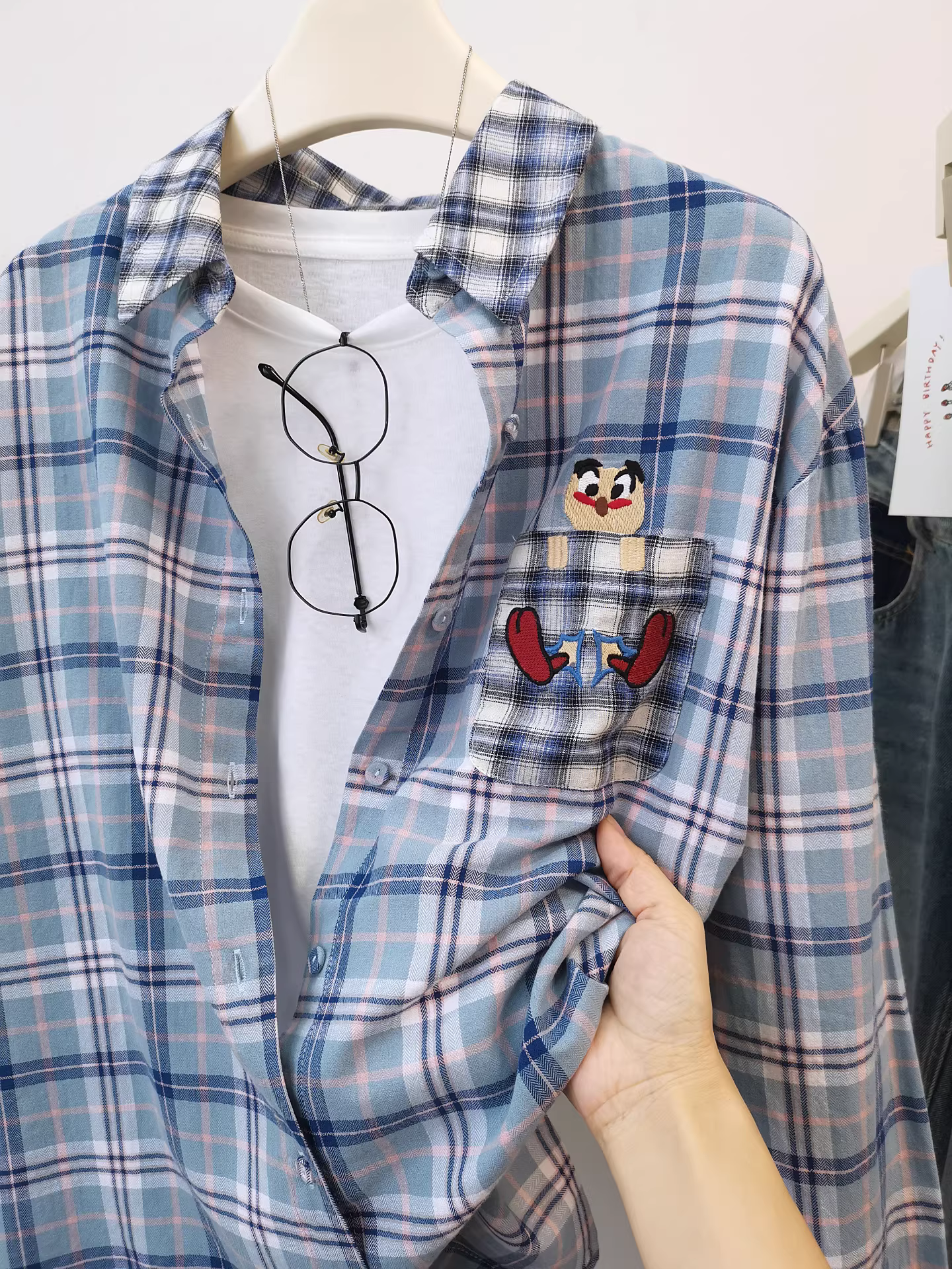 Thiết kế màu sắc tương phản phong cách Hàn Quốc thêu hình cú nấm kẻ sọc xanh dài tay dài tay áo sơ mi cotton nguyên chất dành cho nữ