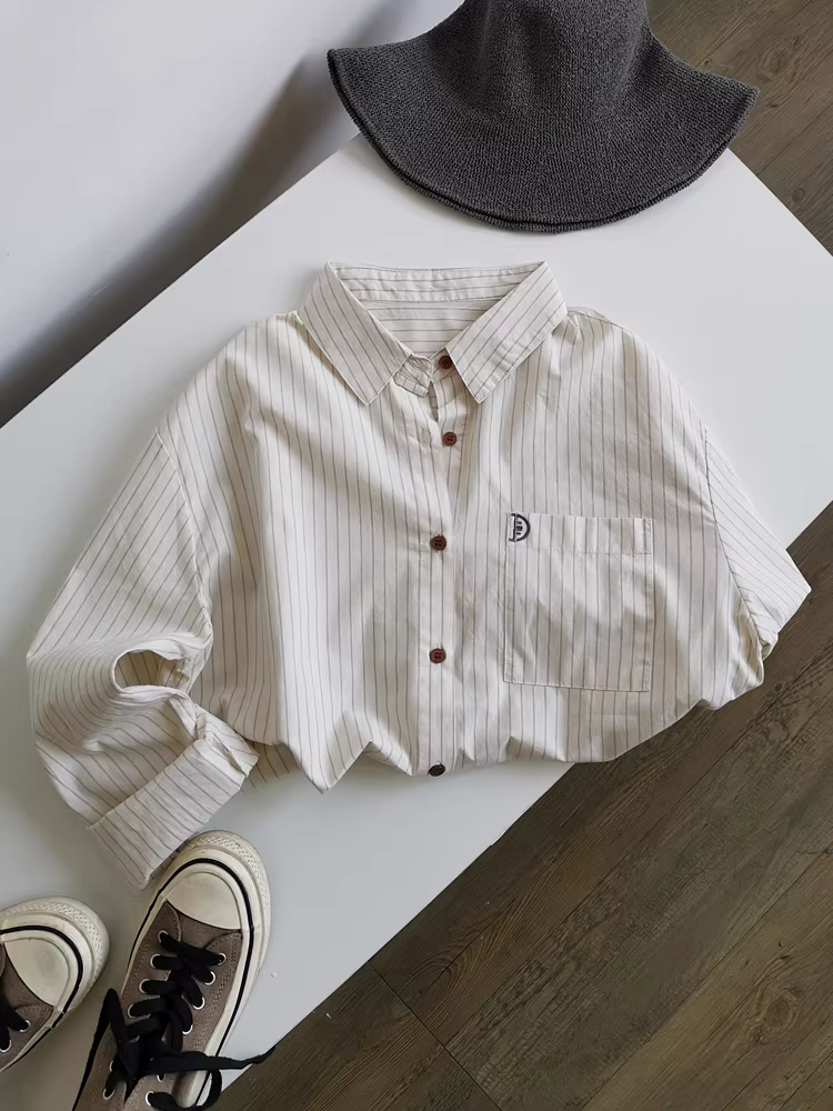 Tay nghề tốt! Phong cách nghệ thuật đa năng, áo sơ mi sọc dọc thêu hình lưỡi liềm bằng cotton nguyên chất, áo sơ mi dài tay nghệ thuật tươi mới dành cho nữ.