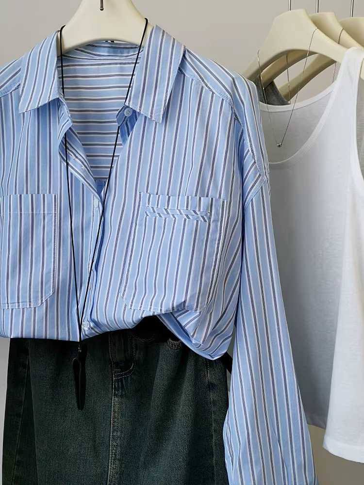 Áo sơ mi nữ tay dài họa tiết dọc chất lượng cao, size lớn nhỏ, kiểu dáng rộng rãi, sang trọng và cao cấp năm 2025.