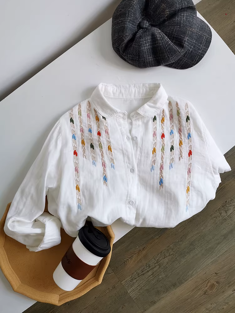 Áo thêu lá tươi tắn và nhiều màu sắc, áo sơ mi cotton trắng hai lớp cho nữ, áo sơ mi xếp lớp mùa thu.
