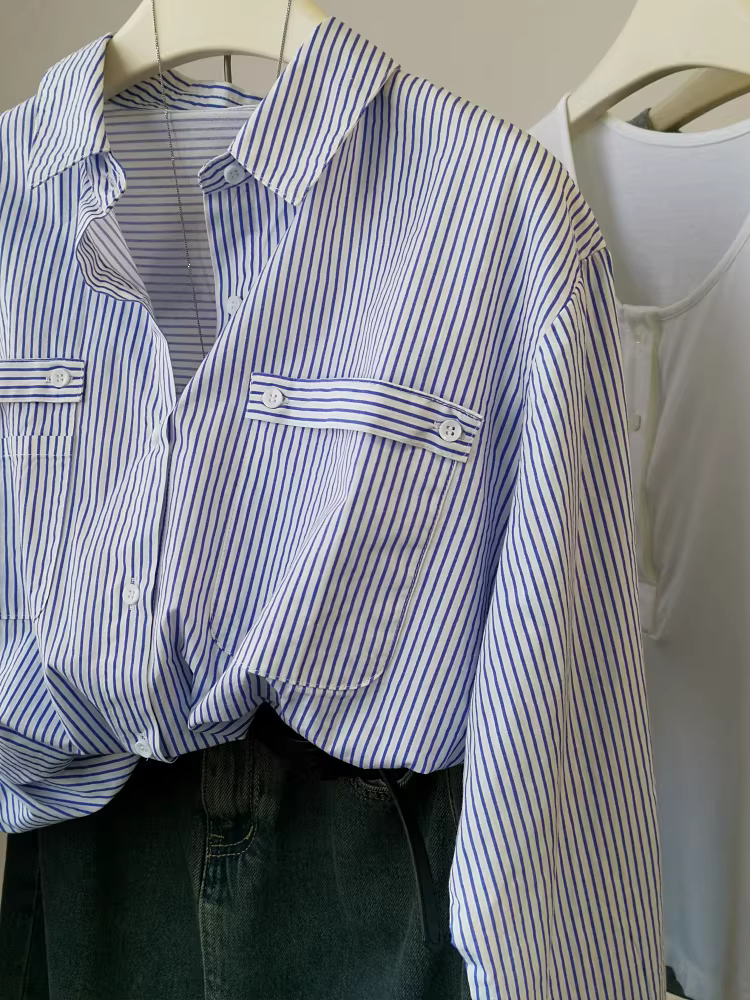 Áo sơ mi nữ cotton nguyên chất họa tiết sọc dọc, dáng dài trung bình, trang trí ba chiều, kiểu dáng suông, chống nắng, tay dài, năm 2025