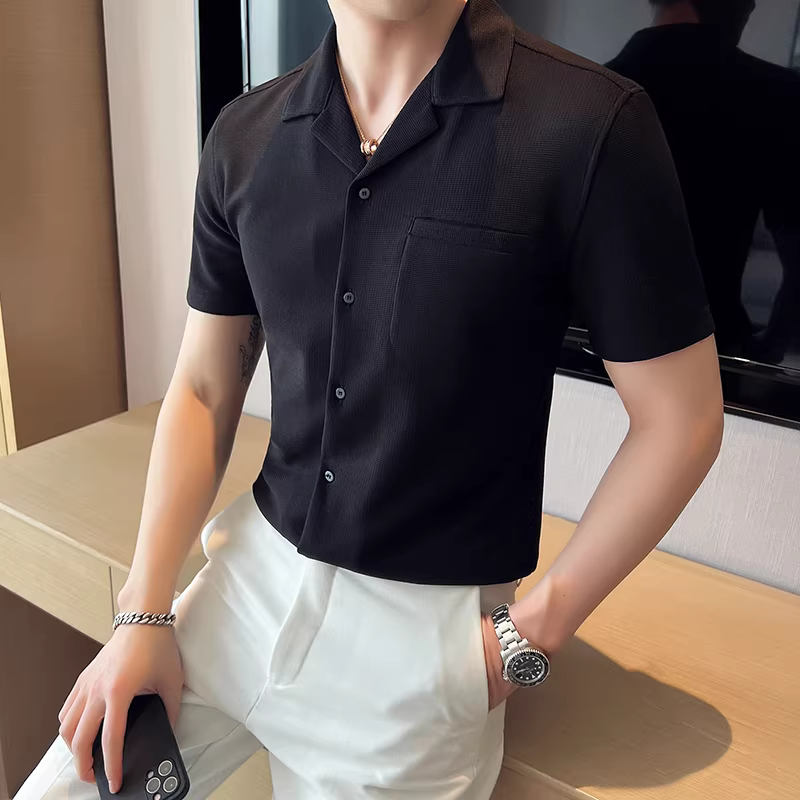 Áo sơ mi lụa đá kiểu Cuba dành cho nam, tay ngắn, phiên bản mùa hè mỏng, kiểu dáng ôm body thời thượng, áo sơ mi công sở cao cấp, phong cách và đa năng.