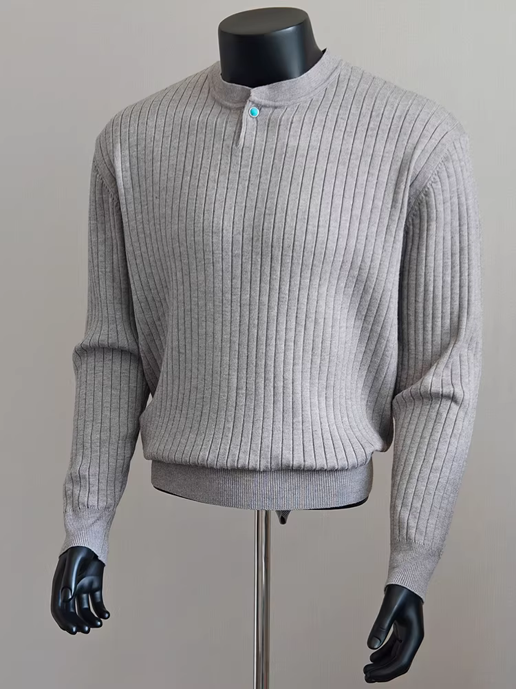Áo len sọc cổ Henry dành cho nam, tay dài, kiểu dáng thu đông mới, dáng rộng, đa năng, giản dị, áo thun dệt kim cao cấp.