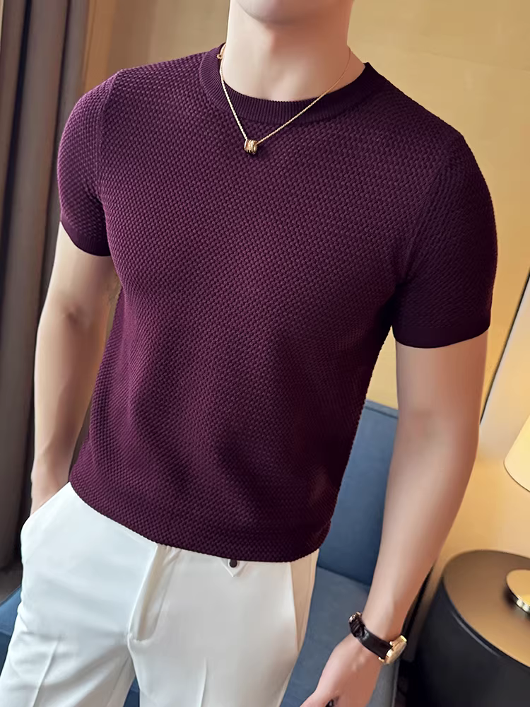 Áo thun nam dệt kim mỏng tay ngắn mùa hè họa tiết dứa lưới thoáng khí cao cấp ôm body chất liệu lụa đá mát lạnh