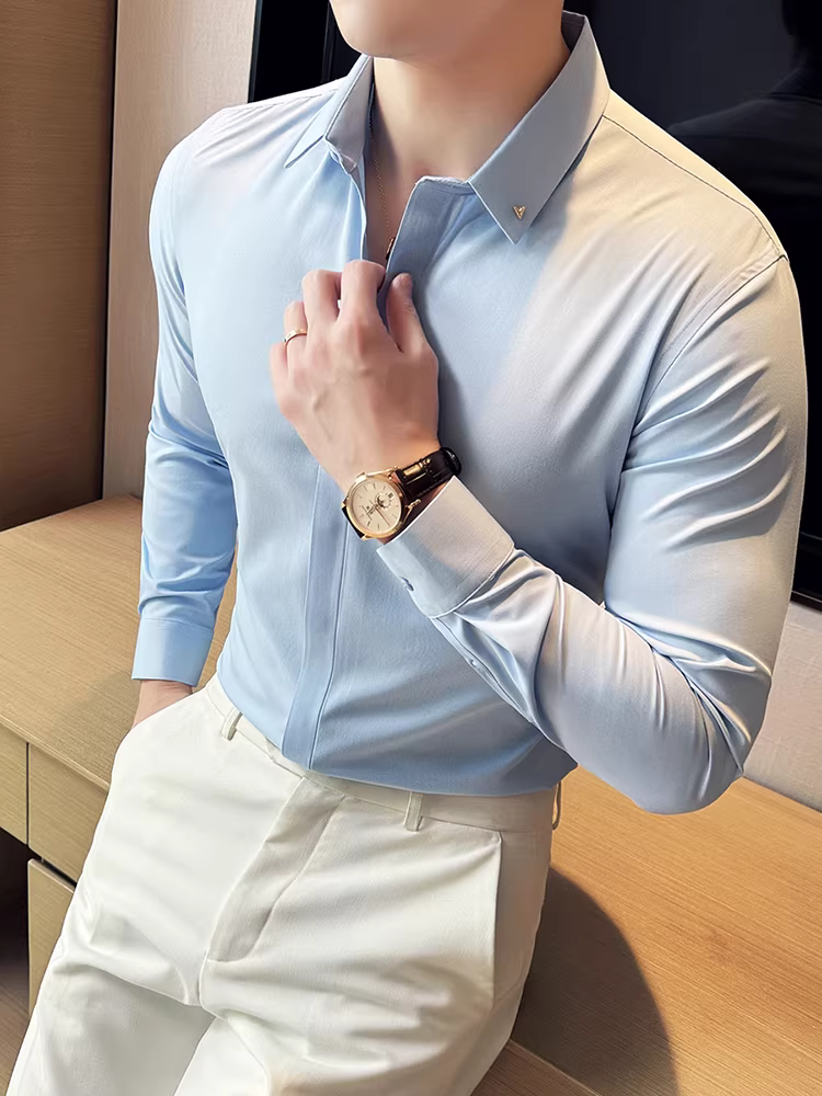 Áo sơ mi nam cao cấp liền mạch, tay dài, kiểu dáng thời trang xuân thu, ôm body, lịch sự, phong cách Anh, cài khuy giấu.