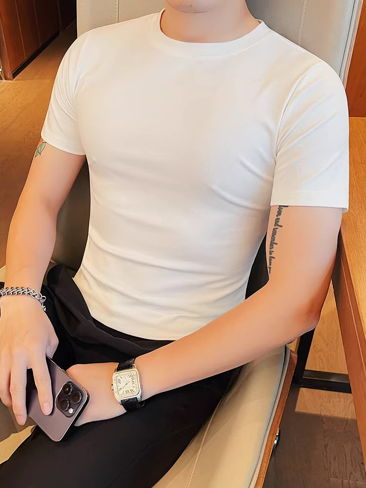 Áo thun nam tay ngắn mùa hè 2025 kiểu mới màu trơn đa năng thời trang cổ tròn co giãn ôm body