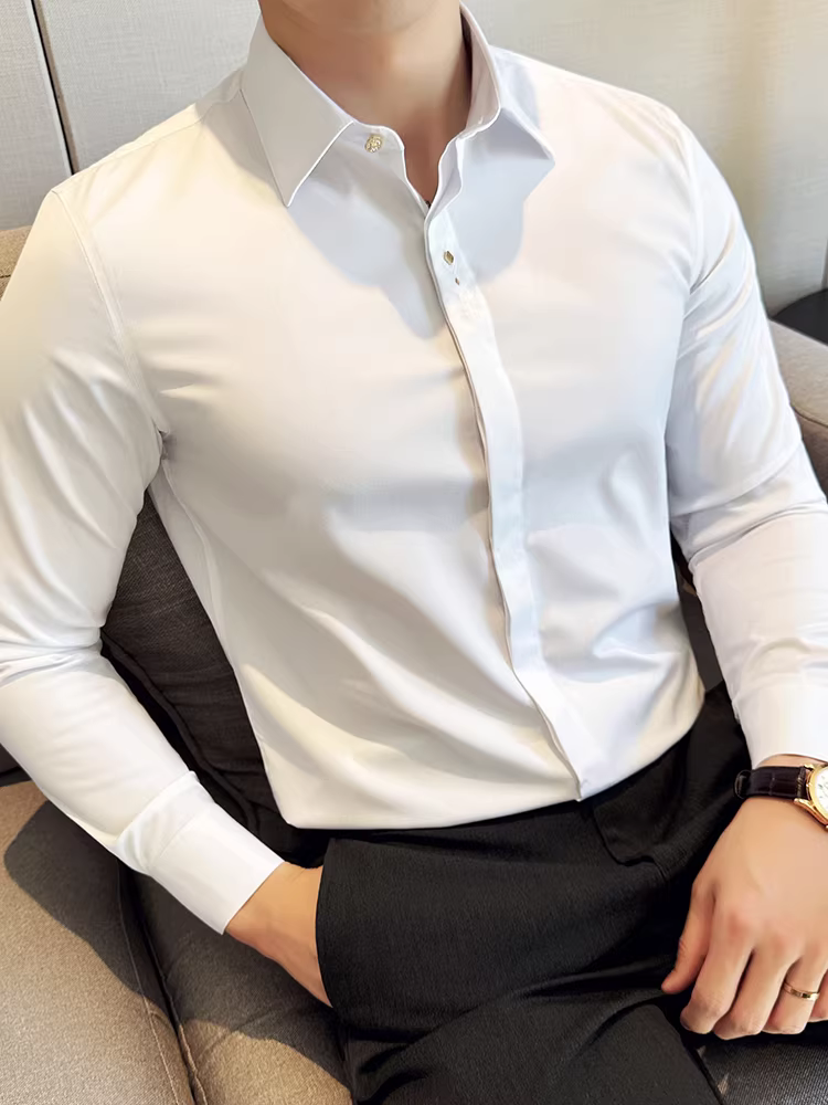 Áo sơ mi nam cao cấp có khuy giấu, tay dài, kiểu dáng xuân thu mới, hợp thời trang, thời thượng, ôm dáng, đa năng, áo sơ mi công sở thường ngày không nhăn.