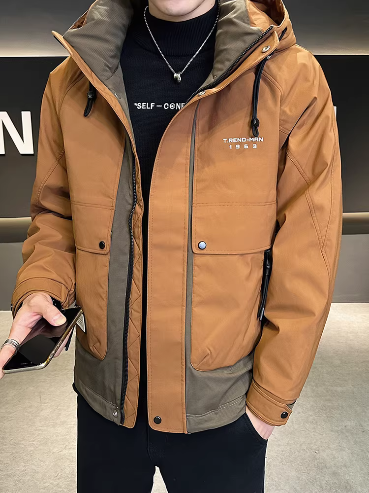 Áo khoác nam có mũ trùm đầu mùa đông 2024 kiểu mới cao cấp chống lạnh ấm dày dặn phối màu áo khoác công nhân ngoài trời