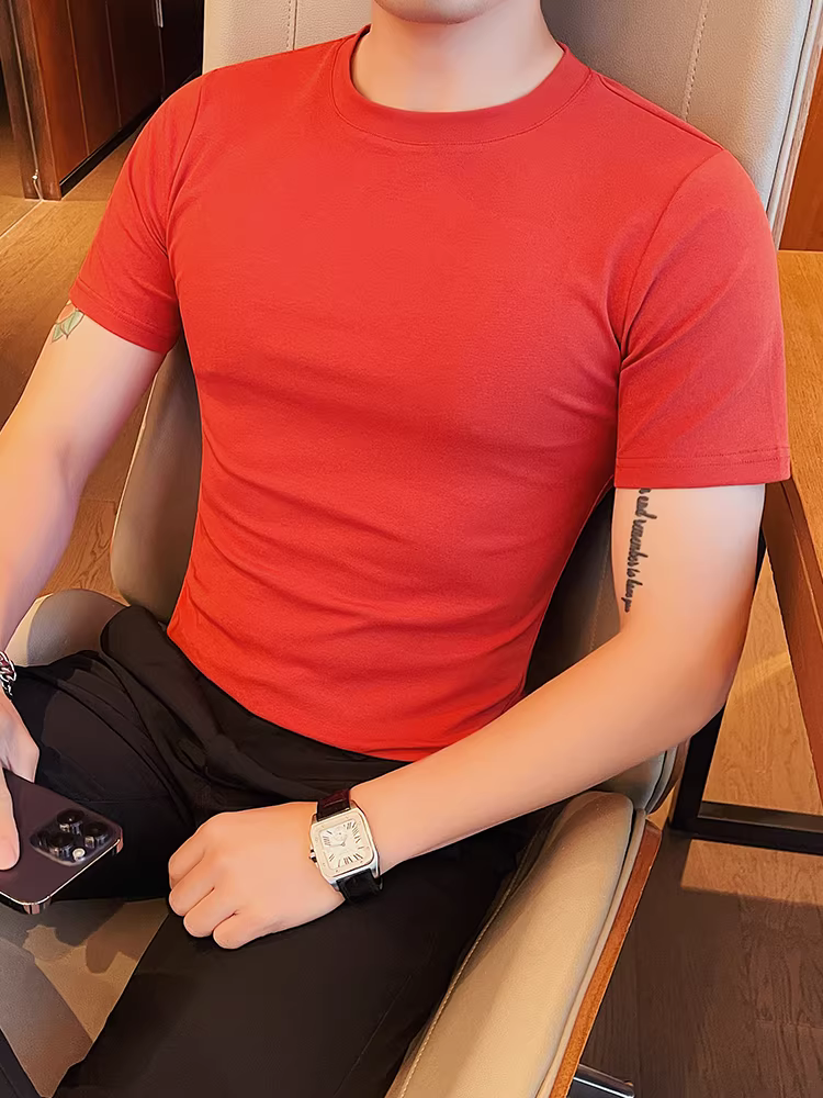 Áo thun nam tay ngắn mùa hè 2025 kiểu mới màu trơn đa năng thời trang cổ tròn co giãn ôm body
