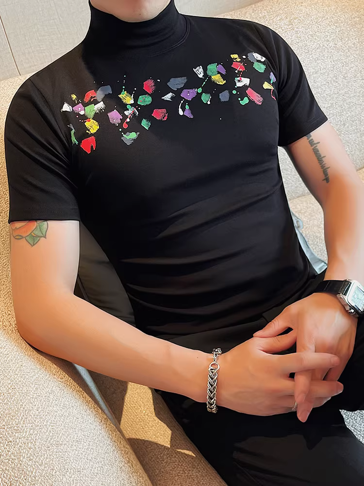 Áo thun nam cổ cao nửa cổ, tay ngắn, cao cấp, co giãn, ôm dáng, thời trang, đa năng, in họa tiết vẽ tay, áo lót.