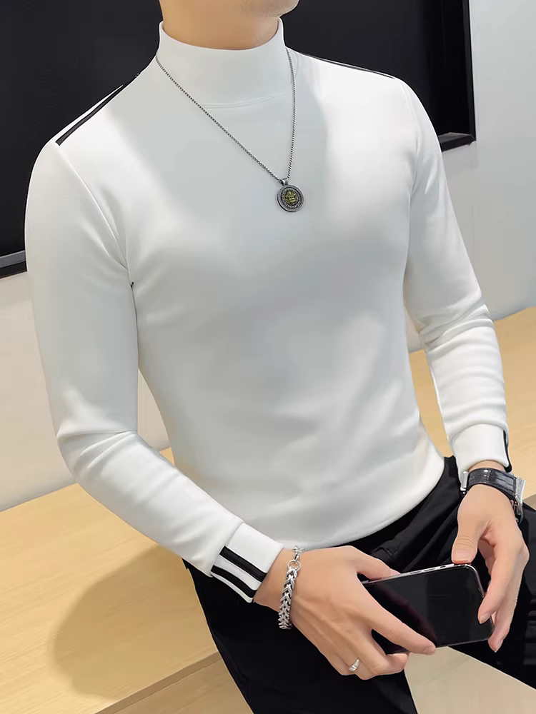 Áo thun nam cổ lọ dày dặn lót lông cừu, tay dài, kiểu mới mùa đông 2024, thiết kế phối màu cao cấp, kiểu dáng ôm body.