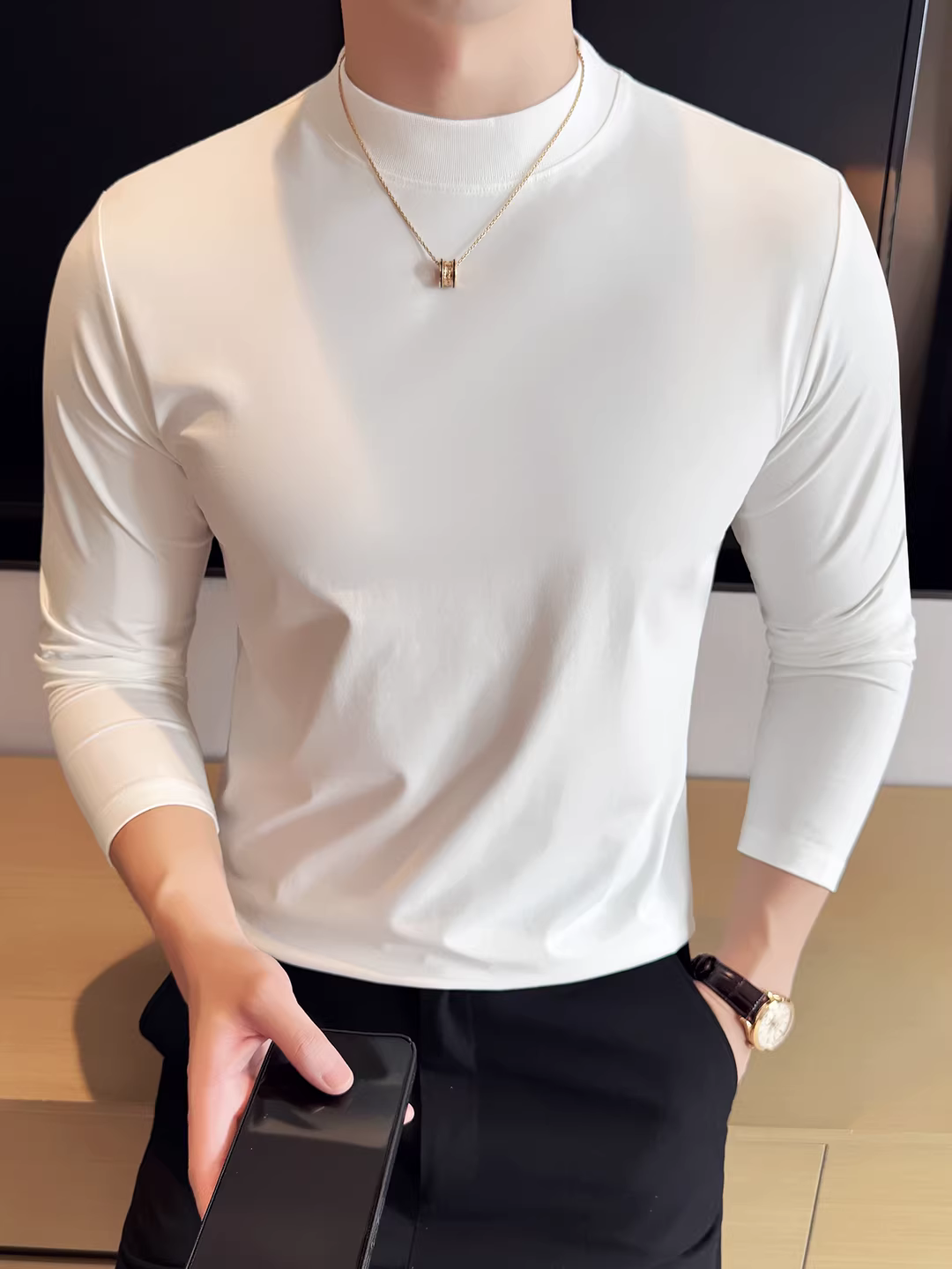 Áo thun nam dài tay chất lượng cao cho mùa thu đông, màu trơn, đa năng, thân thiện với da, co giãn, thoải mái, áo thun ôm sát cơ thể.