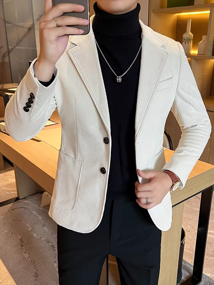 Áo blazer nam chất liệu corduroy, kiểu dáng dày dặn mùa thu đông, thời trang và hợp xu hướng, ôm dáng, lịch sự nhưng vẫn năng động, đa năng, vest trắng lịch lãm.
