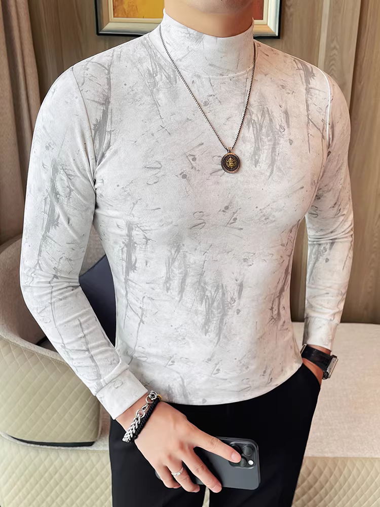 Áo thun nam cổ lọ nửa cao, tay dài, xu hướng thời trang thu đông 2025, ôm dáng, thiết kế nhuộm chàm, áo lót.