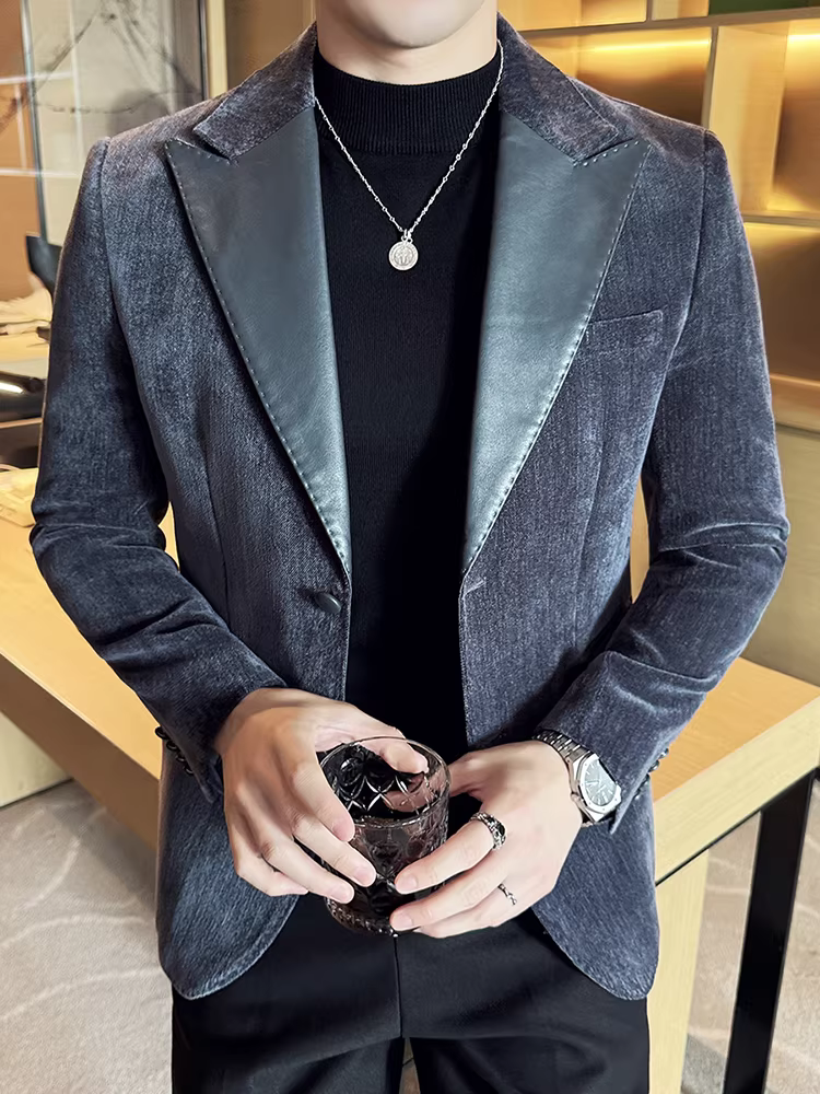 Áo khoác len chắp vá bằng da dành cho nam, phong cách thu đông mới, thời trang cao cấp, trang phục công sở thông thường, bộ đồ ôm vừa vặn