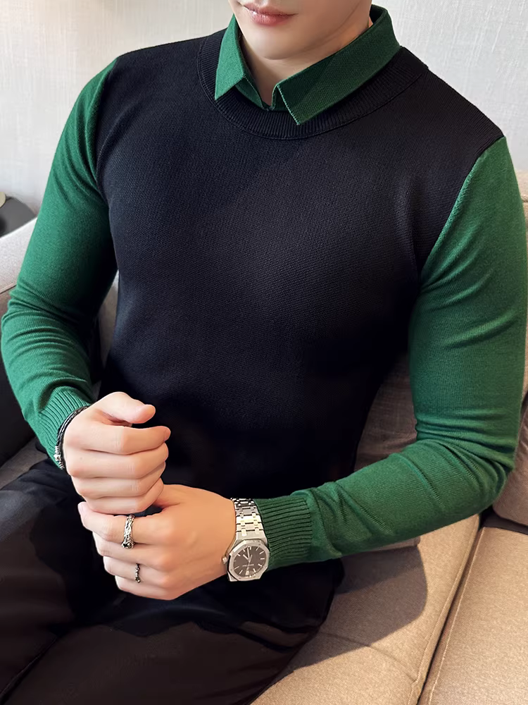 Áo len giả hai mảnh phối màu dành cho nam, mùa thu đông, kiểu dáng ôm sát cao cấp, áo len dệt kim phong cách Anh thời trang, lớp áo lót.