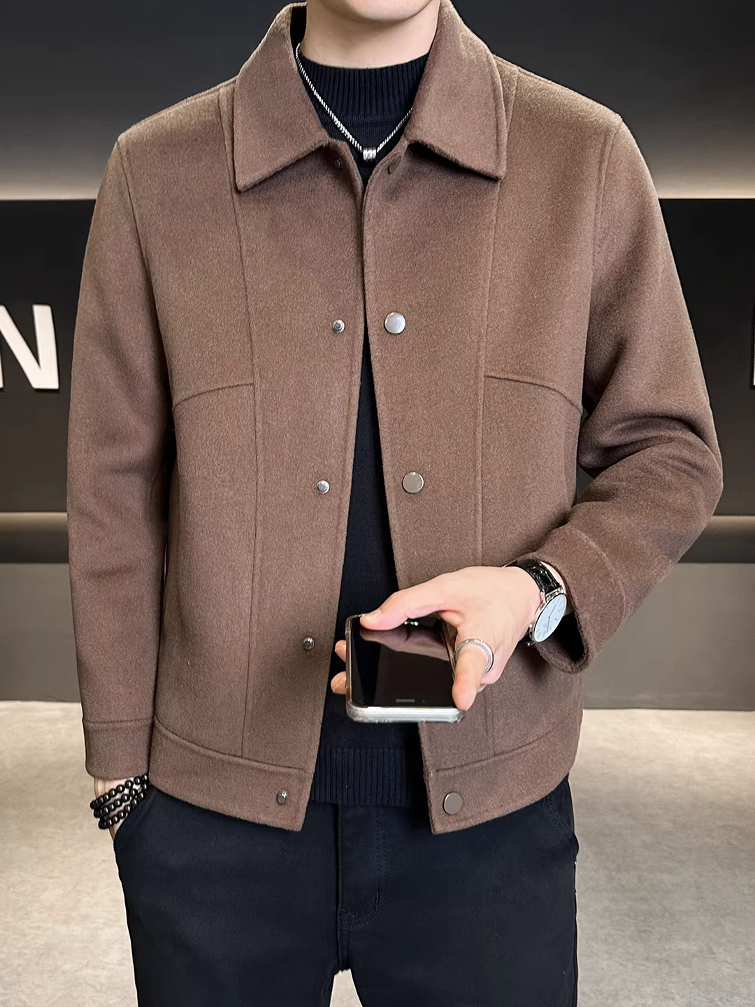 Áo khoác ngắn cashmere hai mặt dành cho nam, kiểu mới thu đông 2025, dáng cao cấp, áo khoác len đa năng