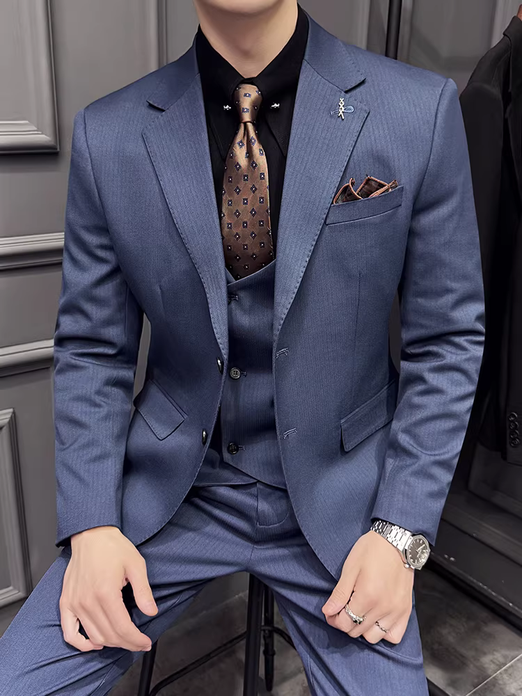 Bộ vest nam kẻ sọc cao cấp, trang phục công sở lịch lãm phong cách Hàn Quốc, dáng ôm, dễ chăm sóc, chất liệu mềm mại, bộ ba món.