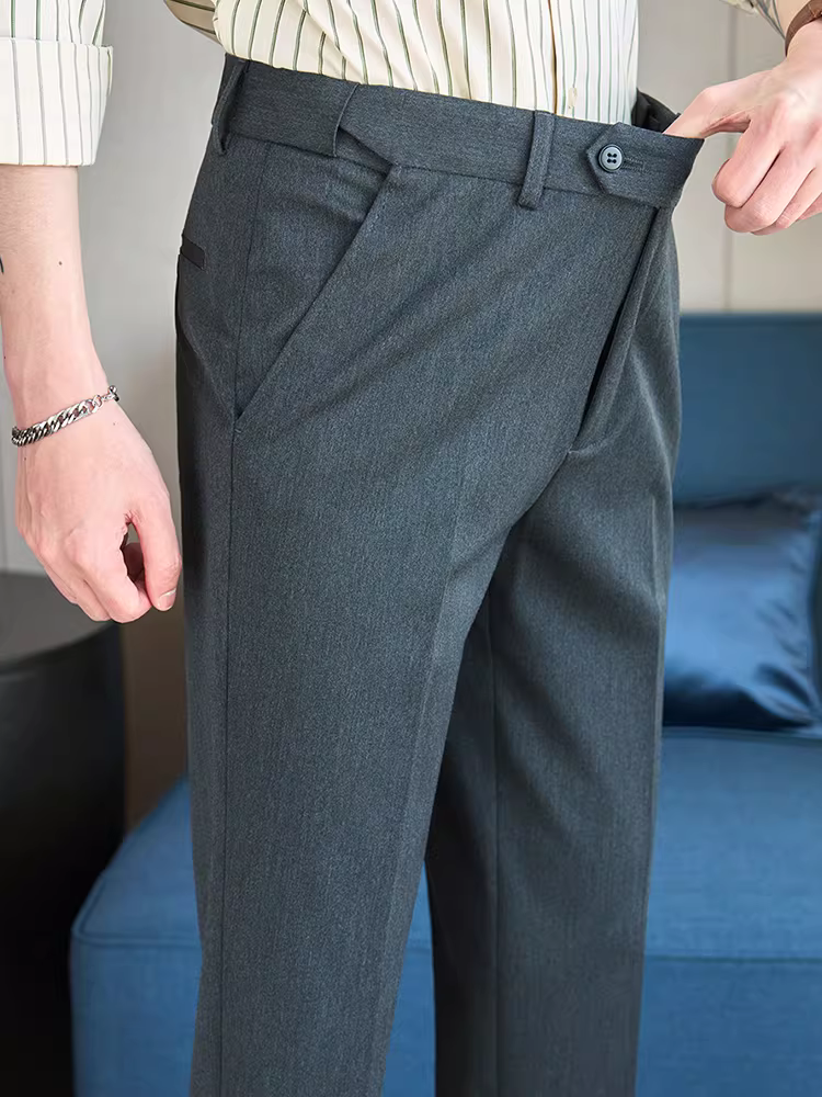 Quần âu nam dáng ôm, chất liệu len pha, màu trơn, đa năng, thích hợp cho công việc, chống nhăn.