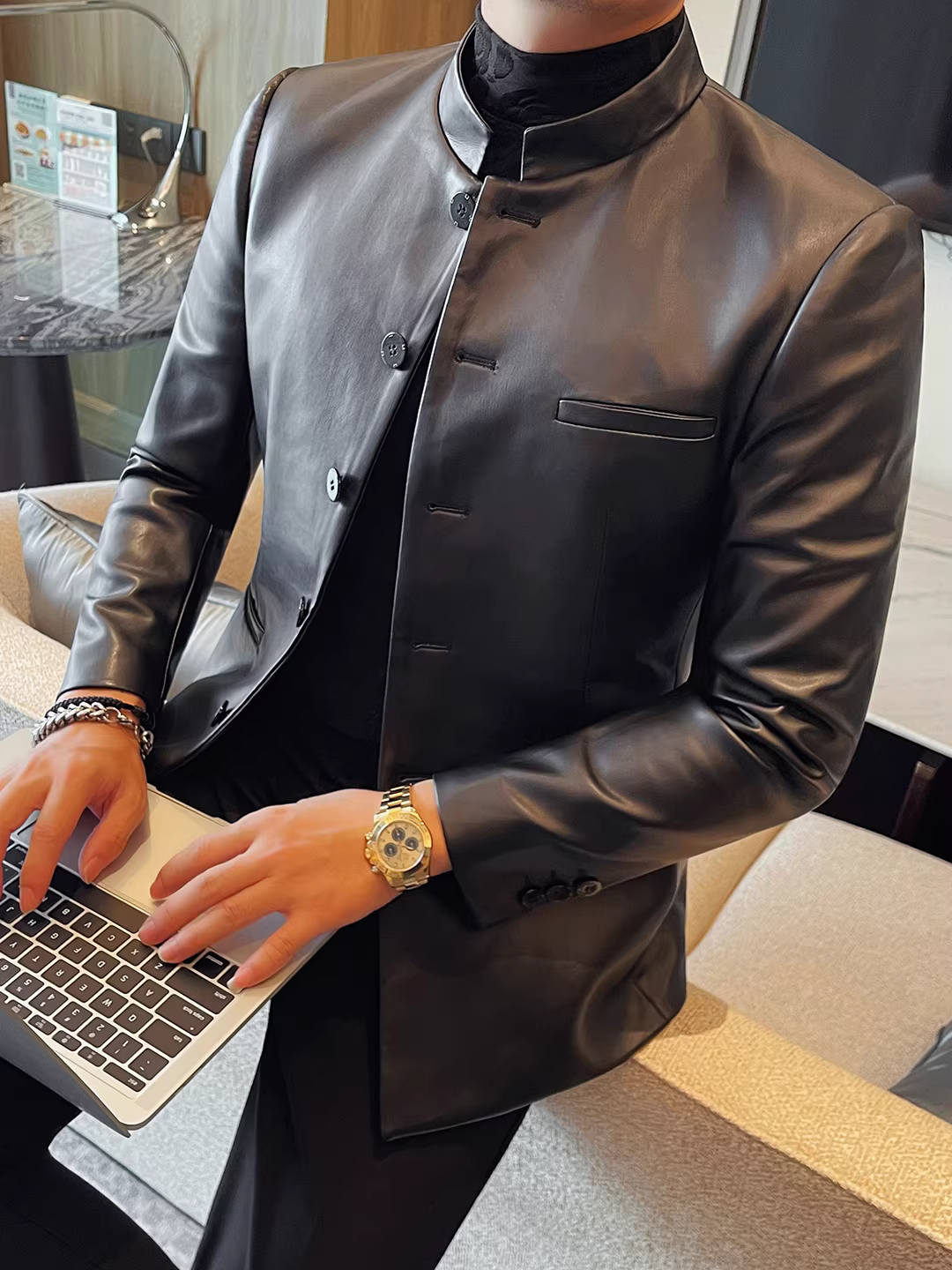 Áo vest da kiểu Trung Quốc mới dành cho nam 2025, thời trang mới, kiểu dáng ôm body, lịch lãm, cao cấp