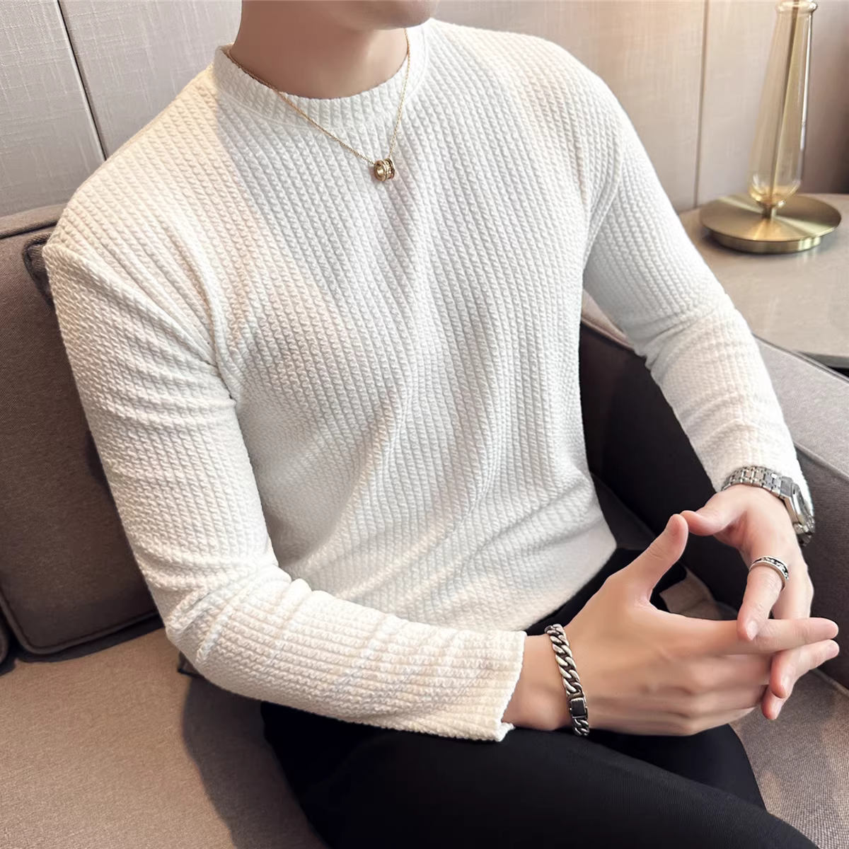 Áo thun họa tiết sóng dành cho nam, dài tay, hợp thời trang, thời trang, giản dị, đa năng, tay áo trễ vai, áo lót thoải mái, phong cách xuân thu mới.