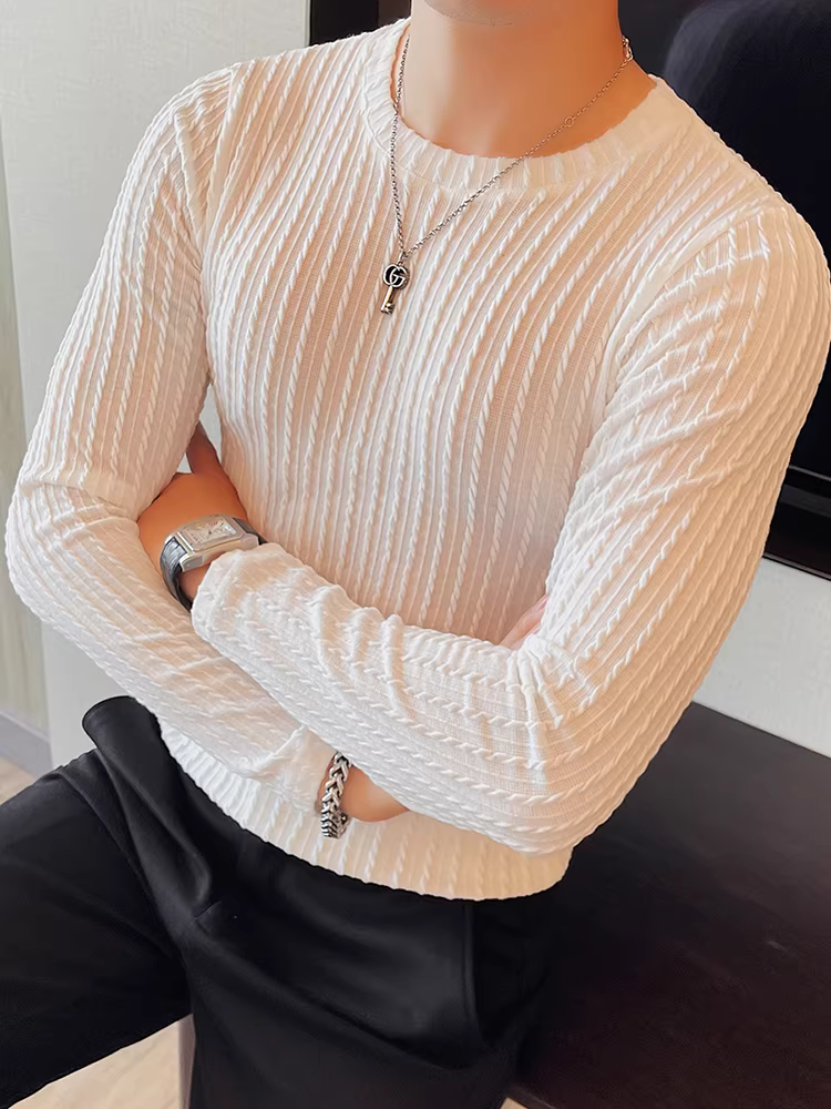 Áo thun nam cổ tròn sọc, dài tay, xuân thu, hợp thời trang, ôm dáng, giản dị, đa năng, cao cấp, áo thun thời trang.