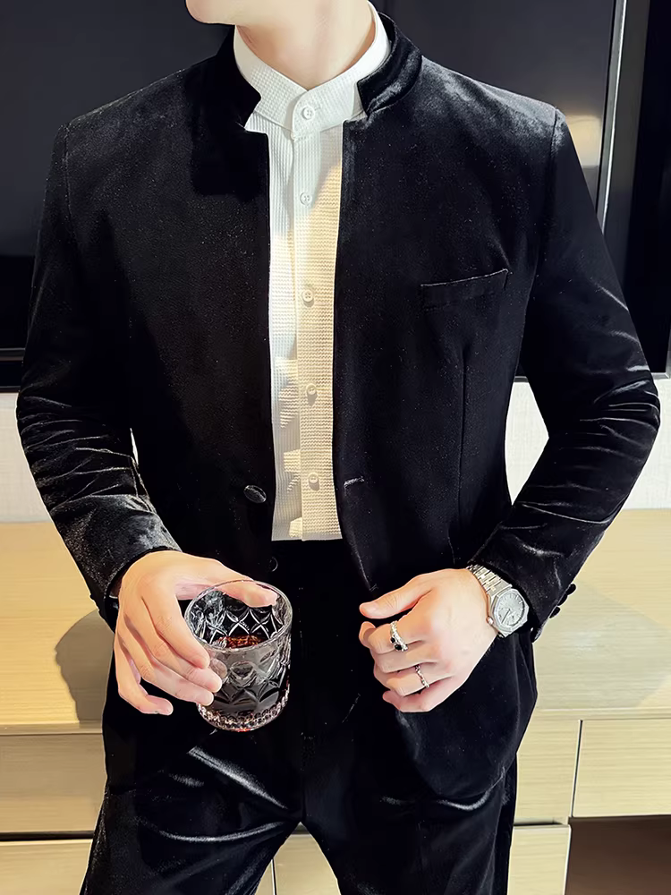 Bộ vest nhung cổ đứng kiểu Trung Quốc mới dành cho nam, dày dặn và ấm áp mùa thu đông, phong cách công sở giản dị, bộ vest ôm dáng cao cấp.