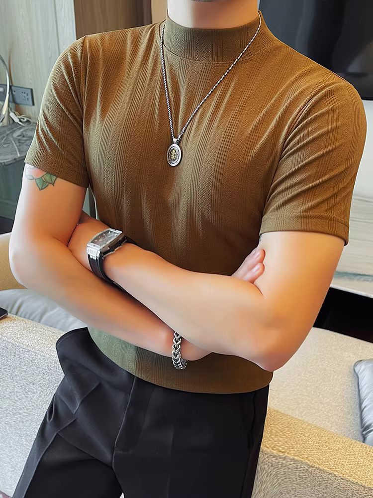 Áo thun nam tay ngắn kiểu dáng mới mùa xuân hè, thời trang cao cấp, ôm dáng, cổ nhỏ, họa tiết tối màu.