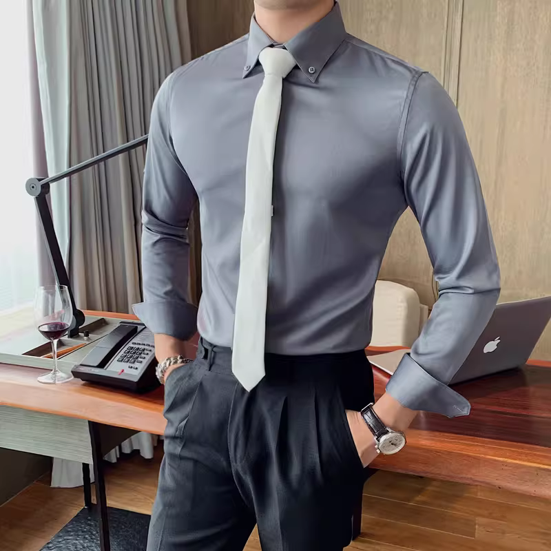 Áo sơ mi công sở nam xuân thu tay dài kiểu Hàn Quốc thời trang ôm dáng, áo sơ mi nam màu trơn phong cách Anh quốc