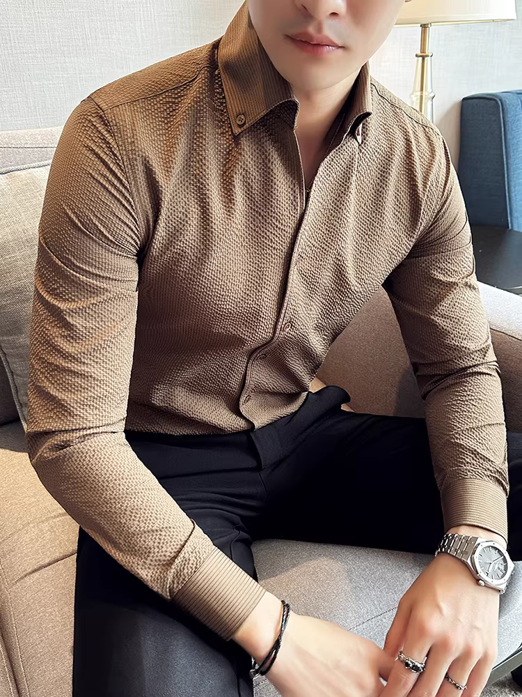 Áo sơ mi nam chất liệu vải waffle cao cấp, cổ V, tay dài, phong cách công sở lịch sự, đa năng, ôm dáng, cổ đứng thời trang.