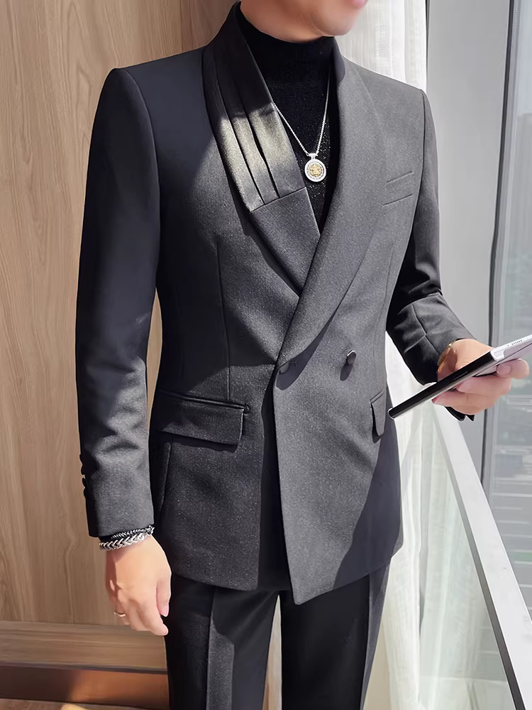 Bộ vest nam màu xanh lá cây, cổ áo kép, kiểu dáng sang trọng nhẹ nhàng, ôm dáng, dành cho doanh nhân lịch lãm, bộ hai mảnh, mẫu mới 2025