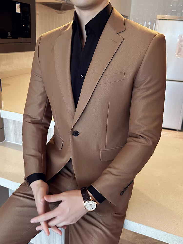 Bộ vest nam một nút, trang phục công sở lịch lãm cao cấp, kiểu dáng Anh, ôm dáng, bộ vest cưới ba mảnh dành cho chú rể