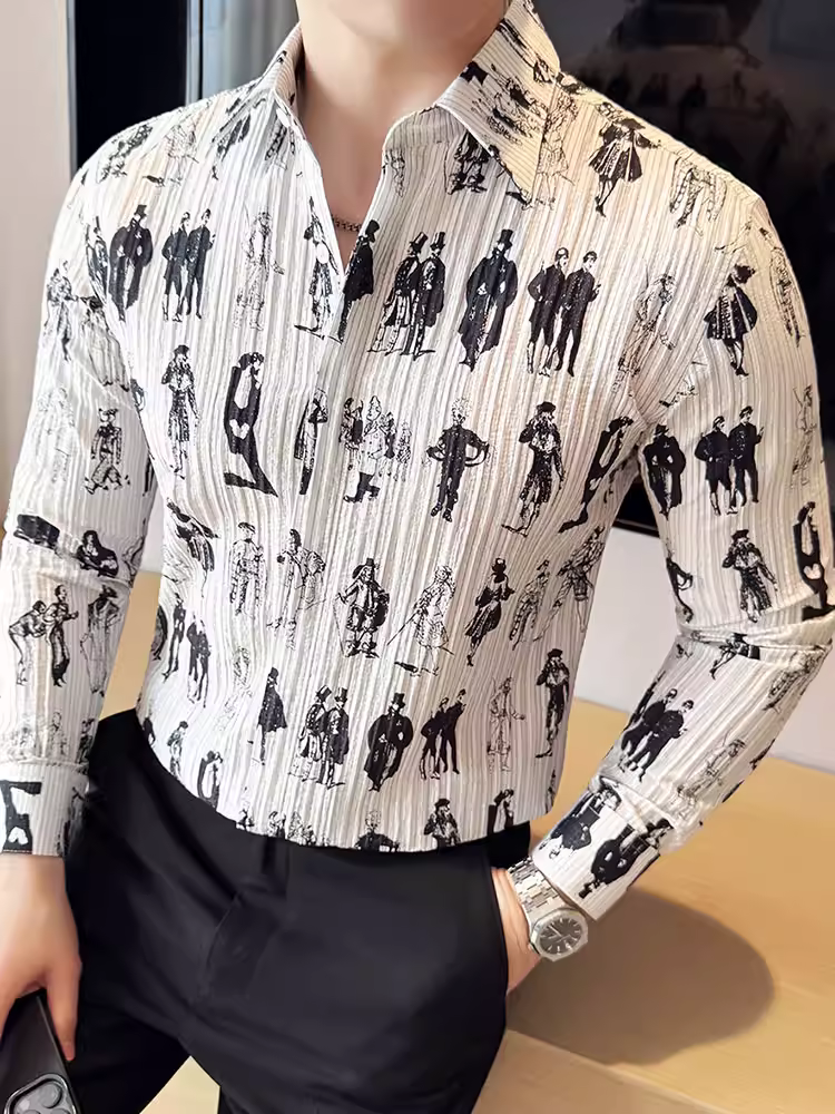 Áo sơ mi nam dài tay xếp ly ba chiều, kiểu dáng mỏng mùa xuân hè, thời trang cao cấp, áo in họa tiết sành điệu và độc đáo