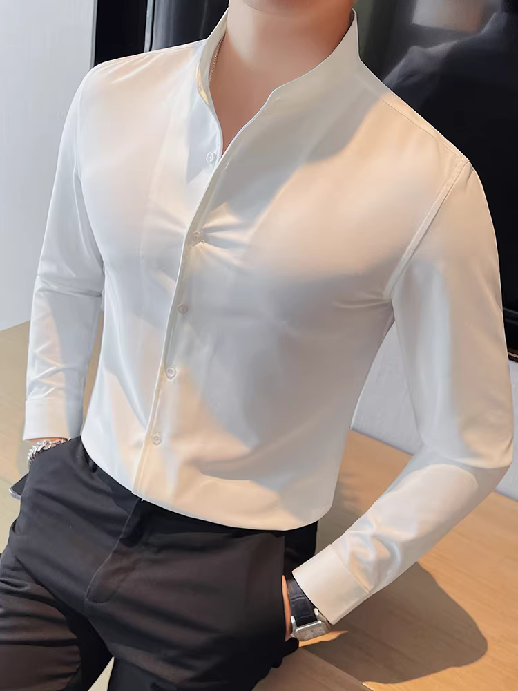 Áo sơ mi cổ đứng kiểu Trung Quốc mới dành cho nam, dài tay, cao cấp, đa năng cho mọi mùa, dáng ôm, trang phục công sở thường ngày, áo sơ mi trắng đẹp trai