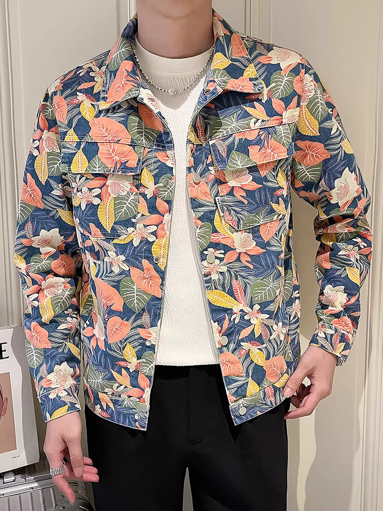 Áo khoác denim nam xuân 2025 kiểu dáng cao cấp mới, cổ điển, ôm dáng, ngắn, họa tiết hoa, dành cho giới trẻ