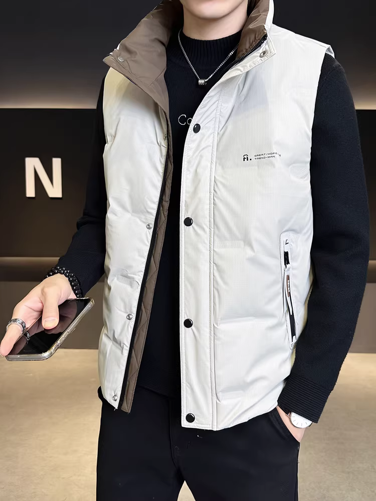 Áo ghi-lê nam chất liệu giả da PU, kiểu dáng mới thu đông 2025, áo ghi-lê cao cấp giữ ấm, áo khoác không tay đa năng