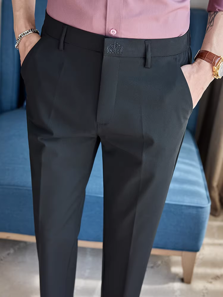 Quần âu nam lưng thun bán co giãn, kiểu dáng chín phần, mặc thường ngày mùa thu đông, lót lông cừu, dày dặn, cao cấp, kiểu dáng ôm sát, dáng ống côn.