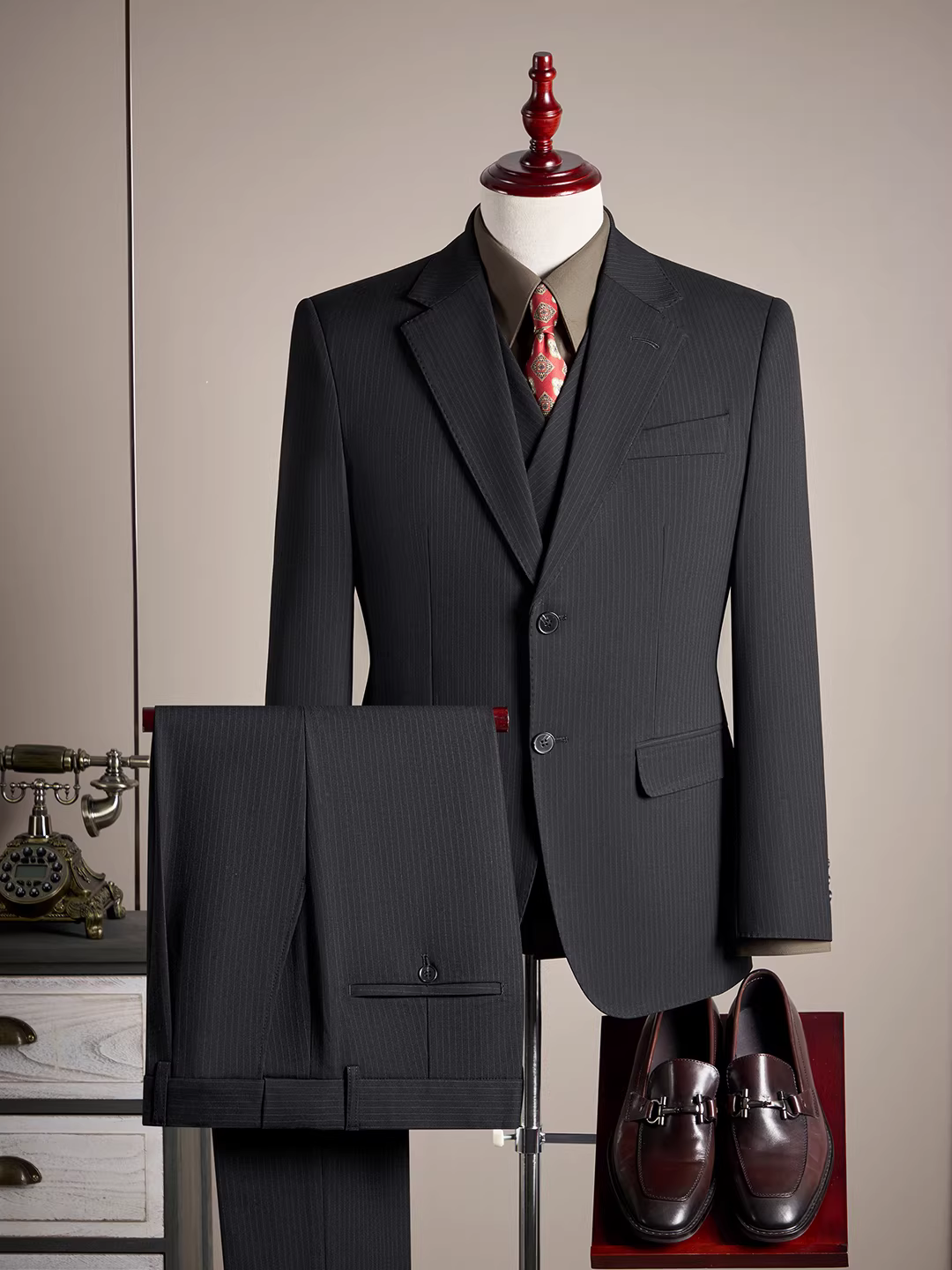 Bộ vest nam kiểu Ý, phối hạt cườm, sọc, cao cấp, lịch lãm, size lớn, bộ ba mảnh lịch sự.