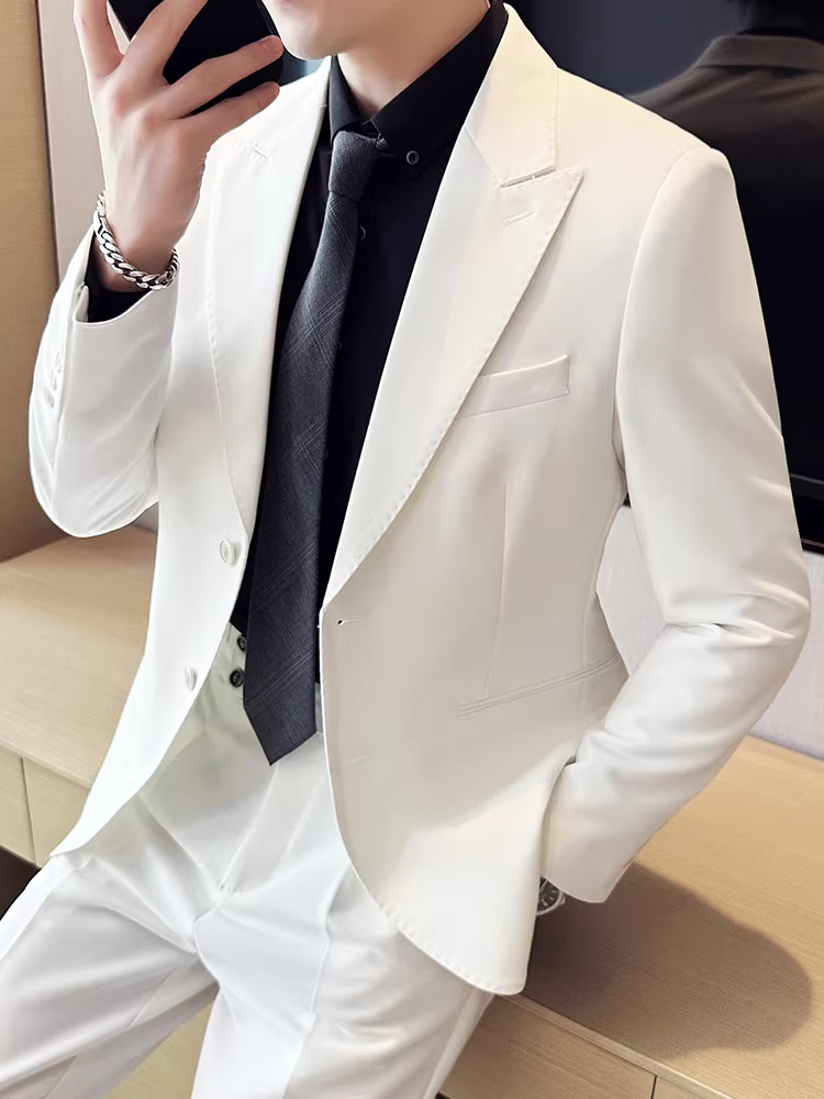 Bộ vest nam Naples, kiểu mới xuân thu, cao cấp, phong cách Anh, lịch sự, bộ hai mảnh màu trắng