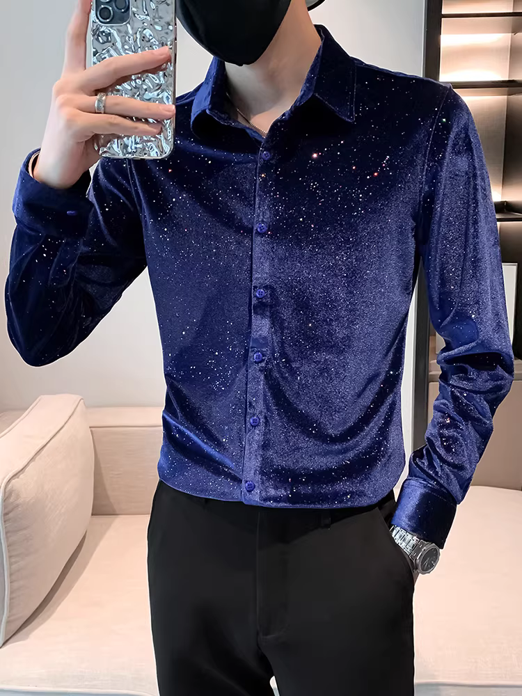 Áo sơ mi nhung sequin Gypsophila dành cho nam, dài tay, thời trang thu đông, dáng ôm, sang trọng, áo sơ mi giản dị đẹp trai