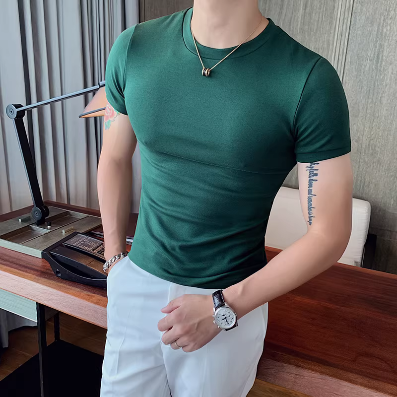 Áo thun ngắn tay Ice-feel dành cho nam, kiểu dáng mỏng mùa hè, phong cách trưởng thành nhẹ nhàng kiểu Anh, áo sơ mi cơ bản thông thường, phiên bản Hàn Quốc, dáng ôm, áo cotton nguyên chất.