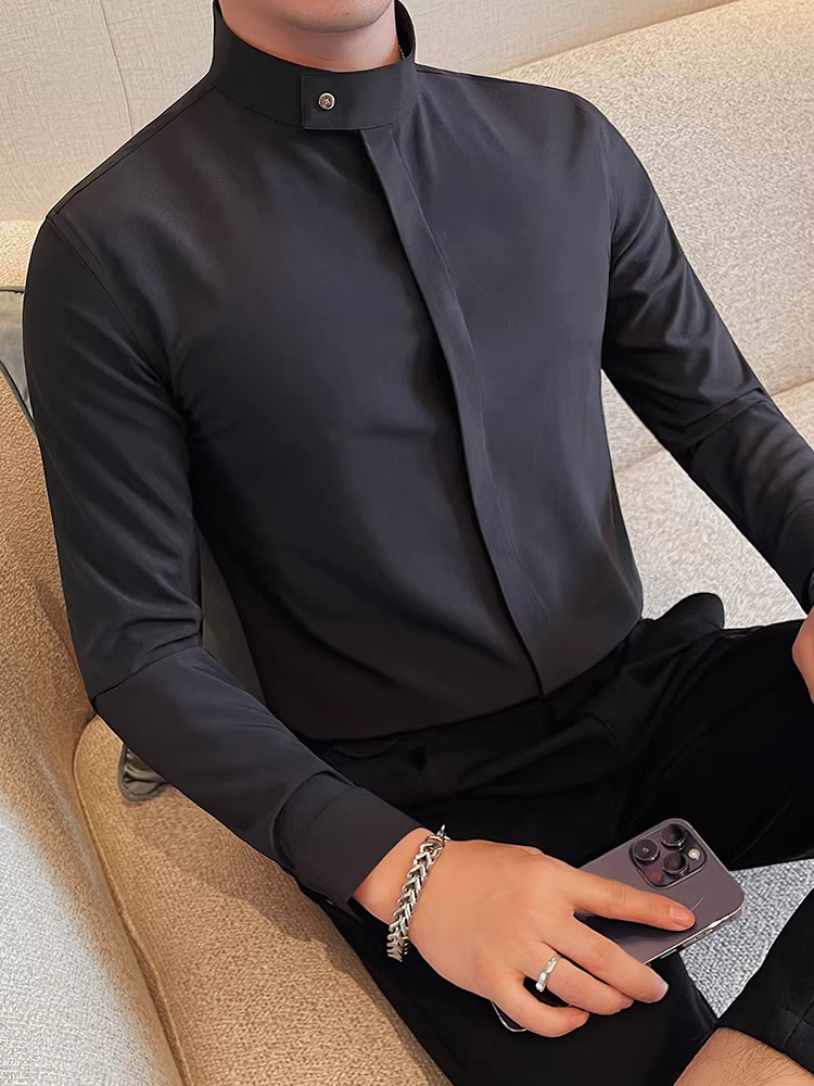 Áo sơ mi nam cổ đứng dài tay mùa xuân mới thời trang cao cấp thiết kế lịch lãm công sở, kiểu dáng giấu khuy màu đen
