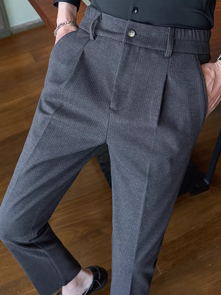 Quần tây len dày cao cấp dành cho nam, quần dài kẻ sọc công sở mùa thu đông có lưng thun, quần vest đa năng.