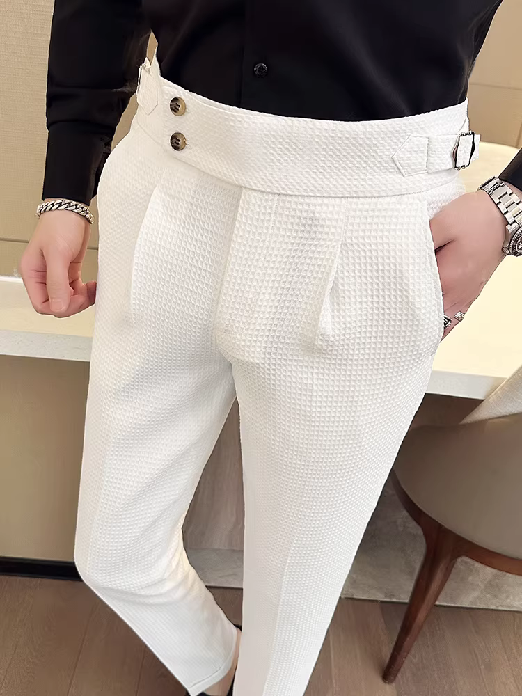 Quần âu nam kiểu dáng casual, cao cấp, thời thượng phong cách Hàn Quốc, ôm dáng, ống côn, kiểu Naples, chất liệu cao cấp, cạp cao.