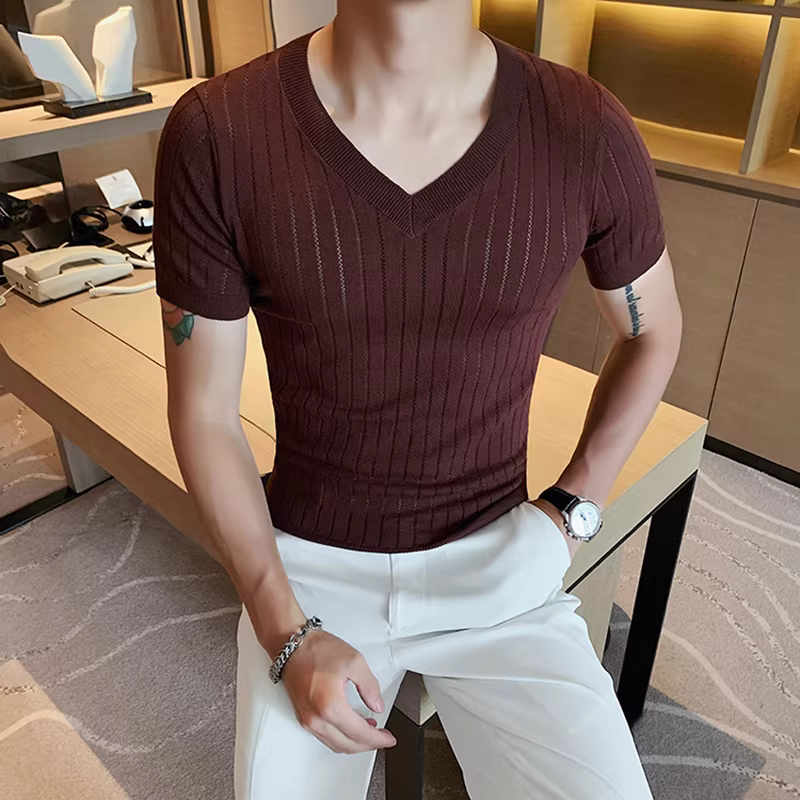Áo thun dệt kim cổ chữ V dành cho nam, tay ngắn, mỏng cho mùa hè, thoải mái, thoáng khí, đa năng, giản dị, thời trang, cao cấp.