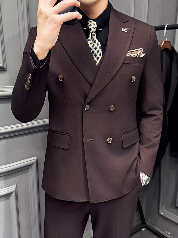 Bộ vest nam kẻ sọc đậm mùa thu đông, kiểu Hàn Quốc, ôm dáng, lịch sự, dễ chăm sóc, bộ ba món.