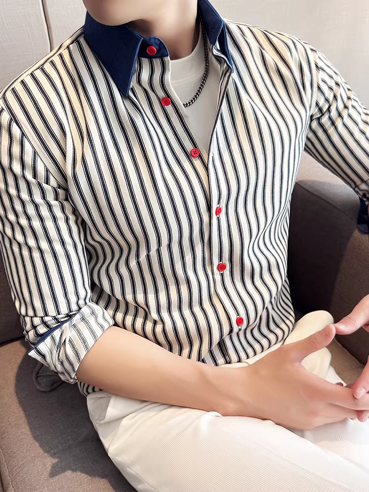 Áo sơ mi denim dài tay nam sọc phối màu, xu hướng thời trang cao cấp, giản dị, đẹp trai, đa năng, áo sơ mi phong cách Anh quốc