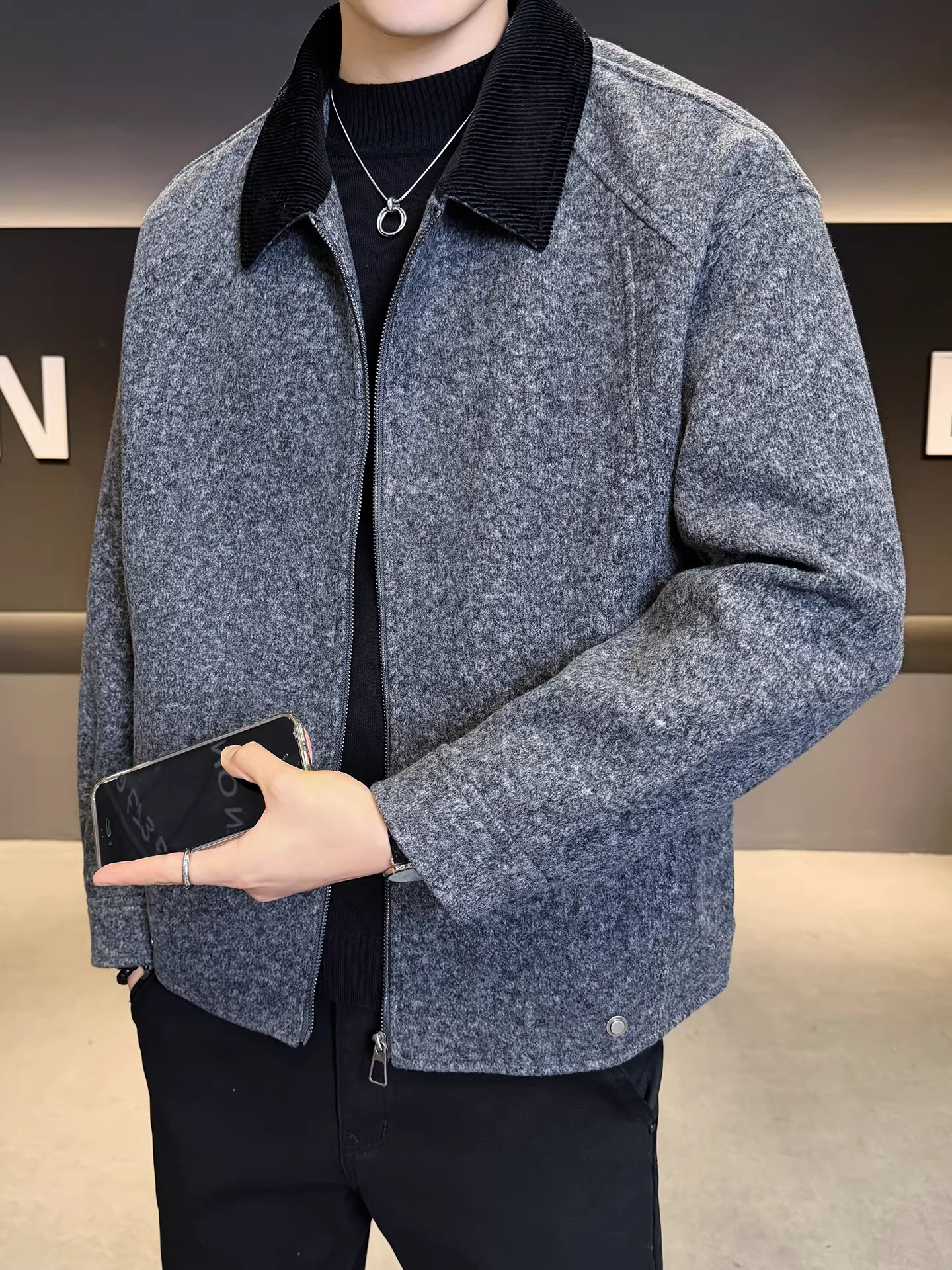 Áo khoác len nam phối vải, dáng rộng, ngắn, thời trang, đa năng, mùa thu đông 2025